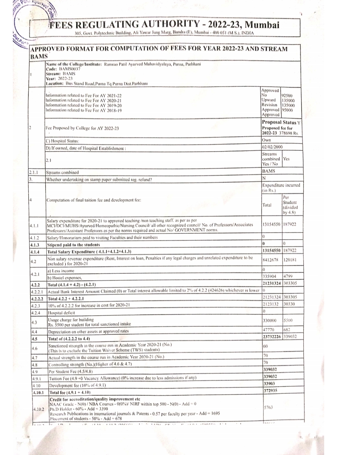 Admission Fees Ramrao Patil Ayurved College Hospital